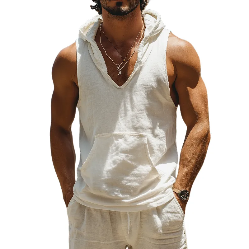 Men's Summer Fashion Casual Hawaiian Style Ramie Hooded Deep V Neck Tank Top MTA2223D5K sold by Manly