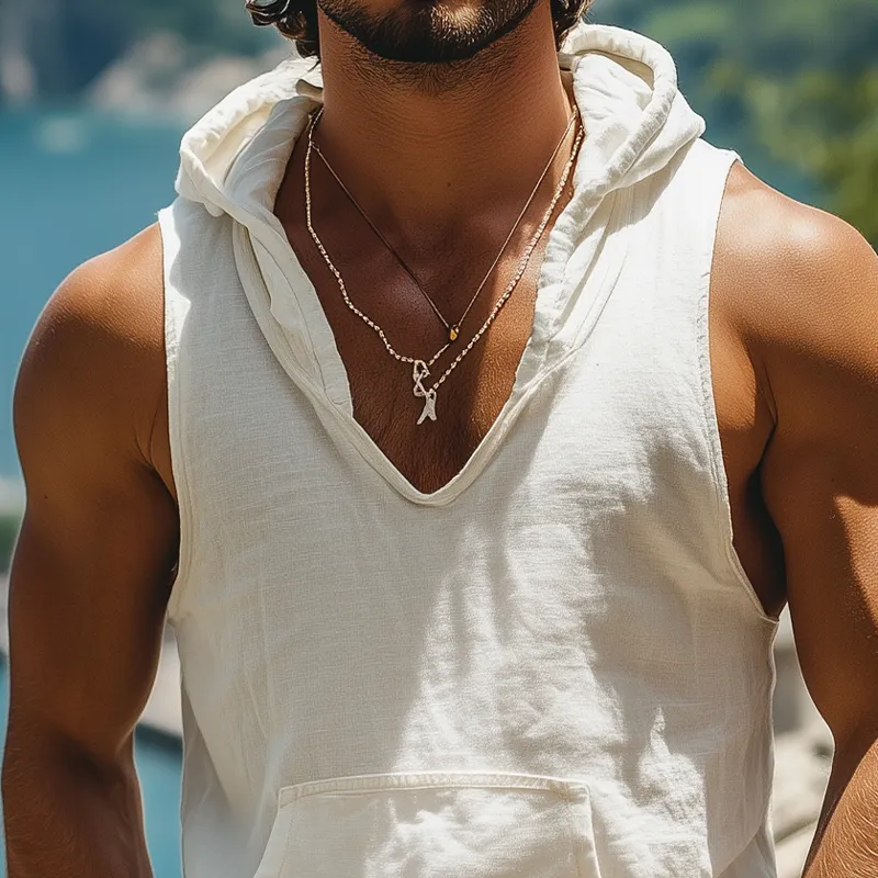 Men's Summer Fashion Casual Hawaiian Style Ramie Hooded Deep V Neck Tank Top MTA2223D5K sold by Manly product image thumbnail 3