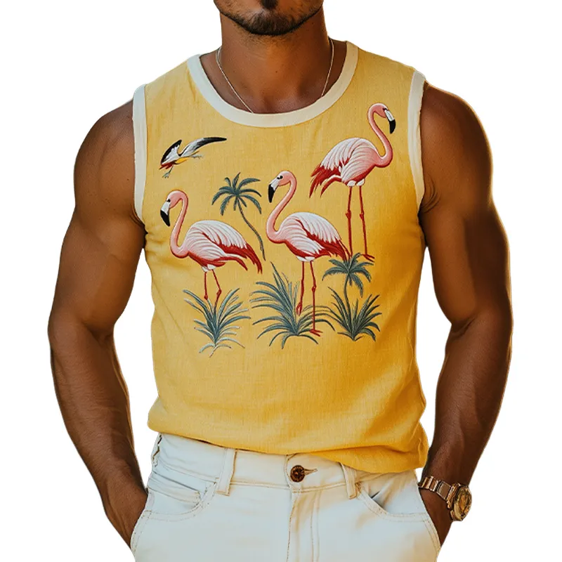 Men's Summer Fashion Casual Hawaiian Style Flamingo Embroidered Cotton and Linen Tank Top MTA2217D0K sold by Manly