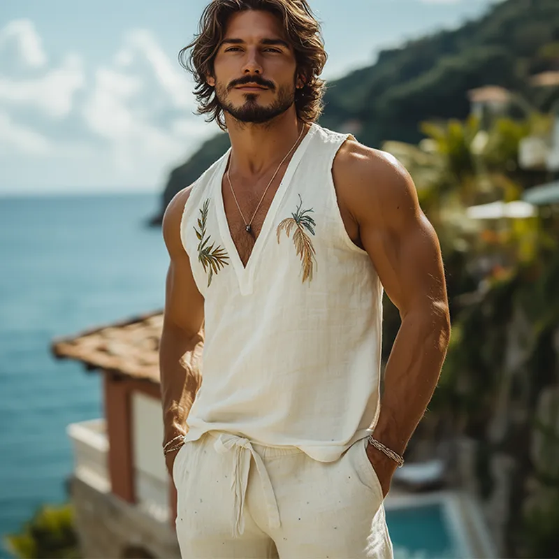 Men's Summer Fashion Casual Hawaiian Style Embroidered Cotton and Linen Deep V Neck Tank Top MTA2291D7K sold by Manly product image thumbnail 3