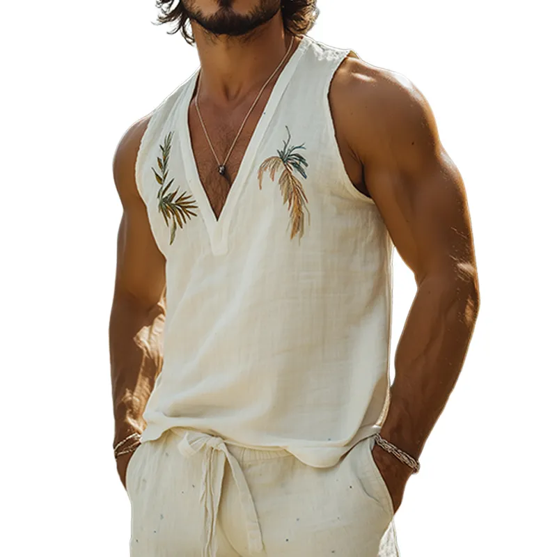 Men's Summer Fashion Casual Hawaiian Style Embroidered Cotton and Linen Deep V Neck Tank Top MTA2291D7K sold by Manly