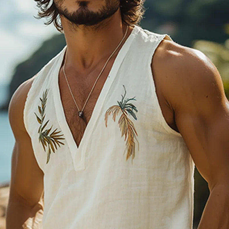 Men's Summer Fashion Casual Hawaiian Style Embroidered Cotton and Linen Deep V Neck Tank Top MTA2291D7K sold by Manly product image thumbnail 4