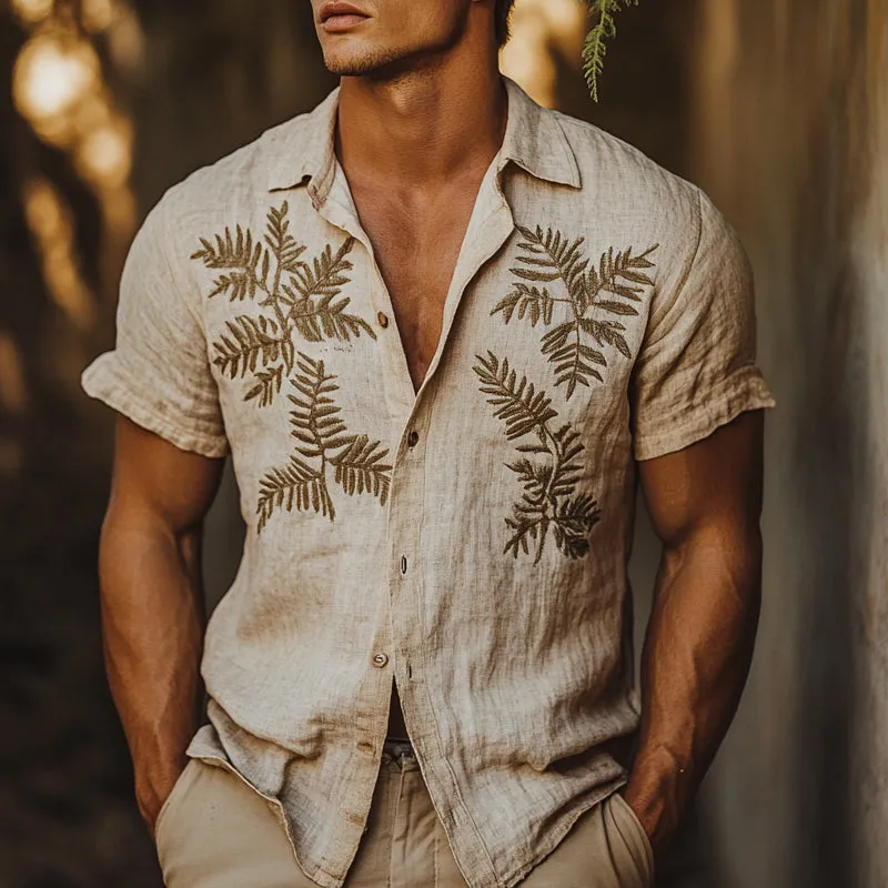 Men's Linen Fern Embroidered Short Sleeve Shirt MTA2215D8X sold by Manly product image thumbnail 2