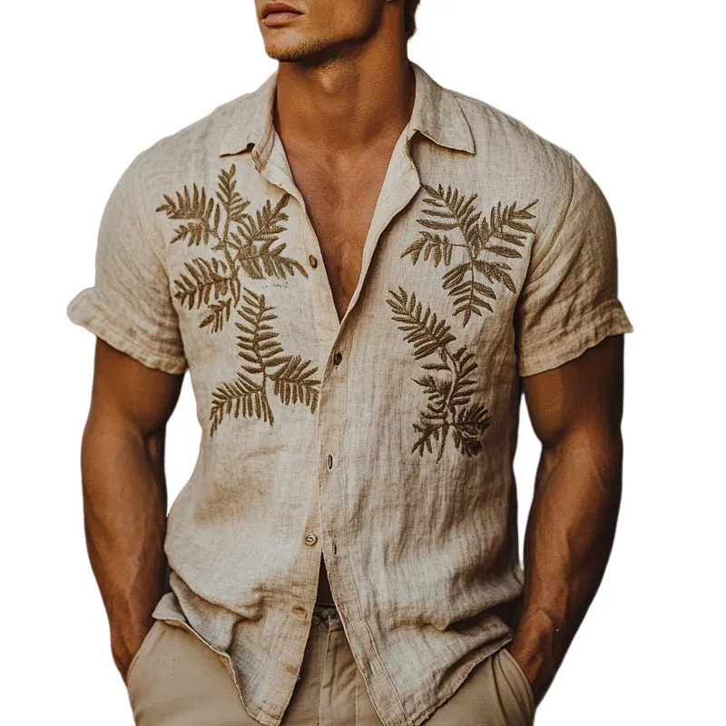 Men's Linen Fern Embroidered Short Sleeve Shirt MTA2215D8X sold by Manly
