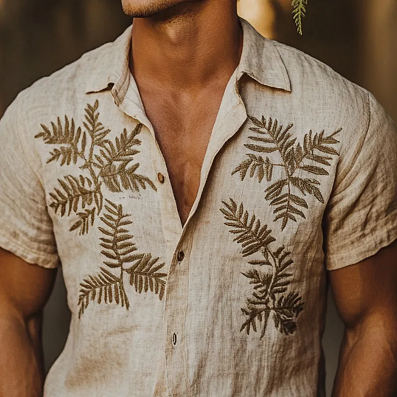 Men's Linen Fern Embroidered Short Sleeve Shirt MTA2215D8X sold by Manly product image thumbnail 3