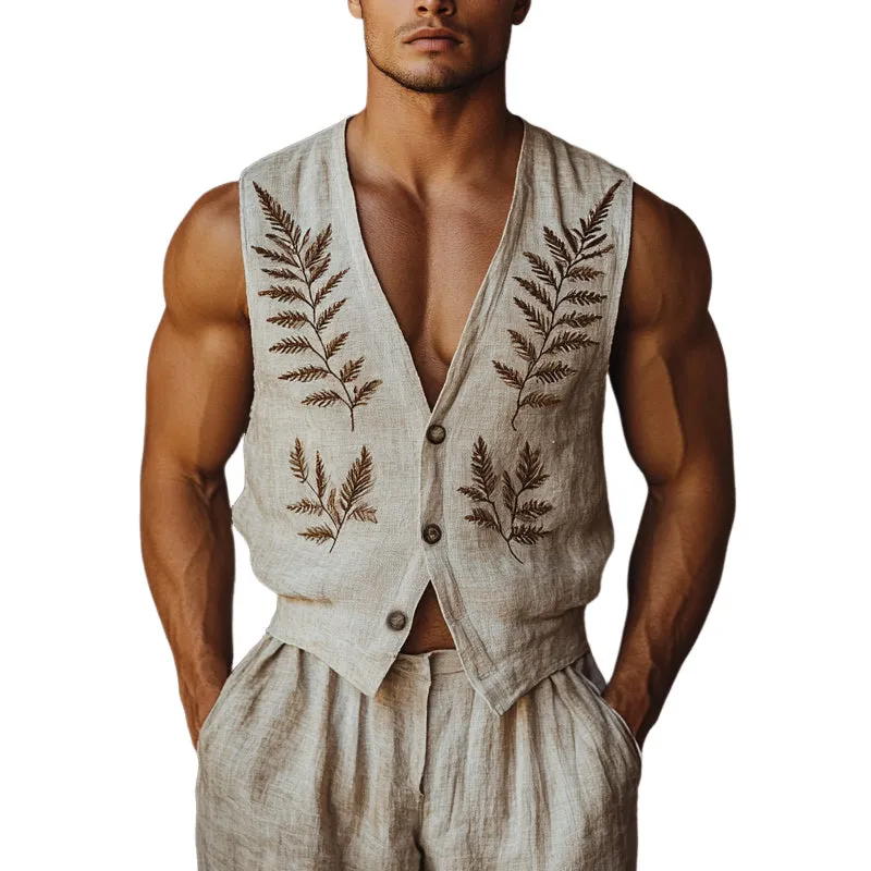 Men's Vintage Fern Embroidered V-Neck Vest MTA2238D5X sold by Manly