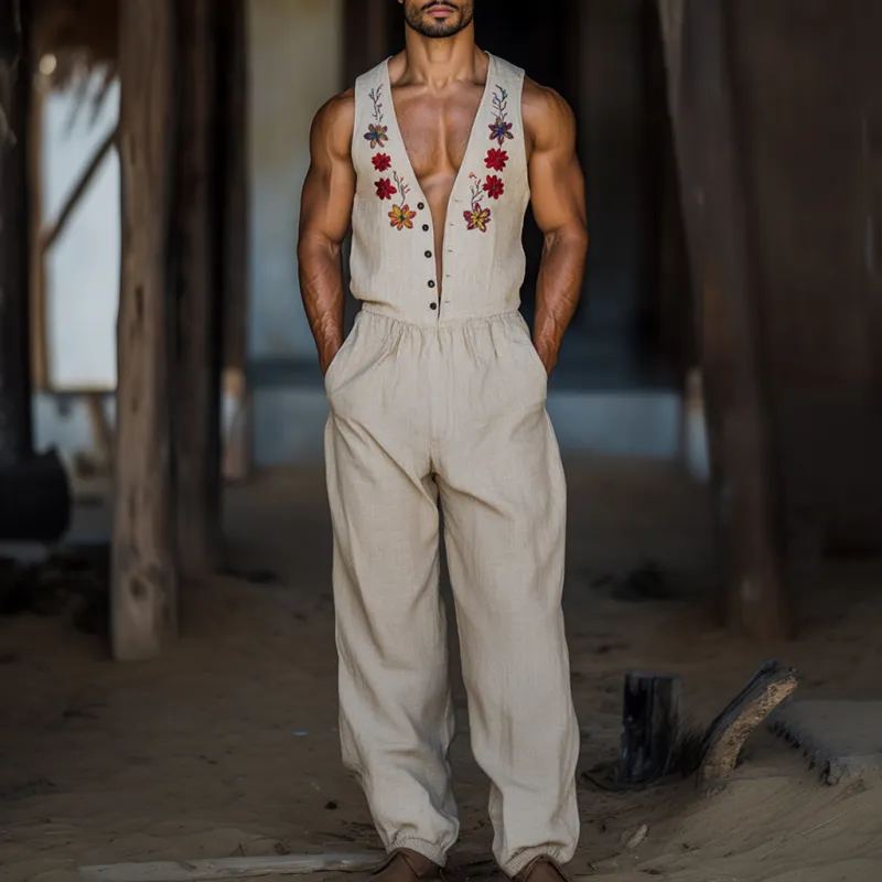 Men's Vintage Flower Embroidery Breathable Linen V-Neck Sleeveless Loose Jumpsuit MTA2272D2M sold by Manly product image thumbnail 2