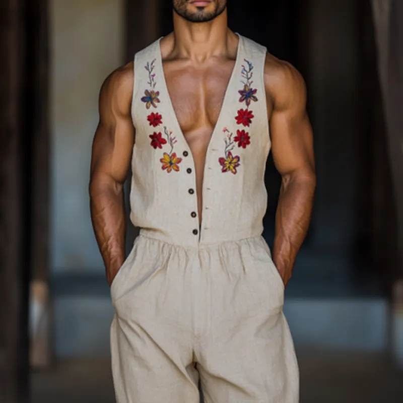 Men's Vintage Flower Embroidery Breathable Linen V-Neck Sleeveless Loose Jumpsuit MTA2272D2M sold by Manly product image thumbnail 3