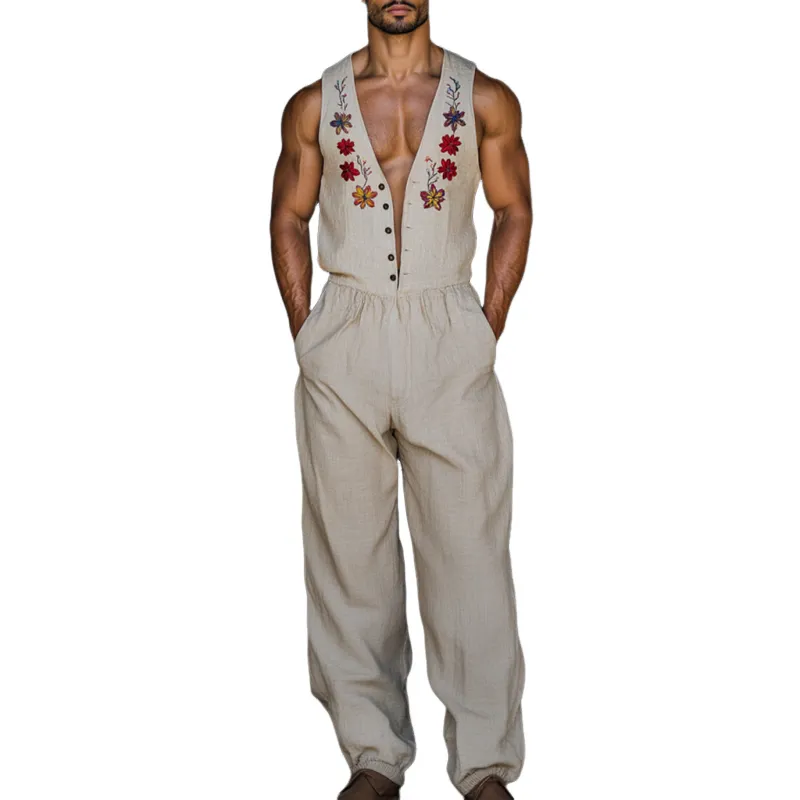 Men's Vintage Flower Embroidery Breathable Linen V-Neck Sleeveless Loose Jumpsuit MTA2272D2M sold by Manly