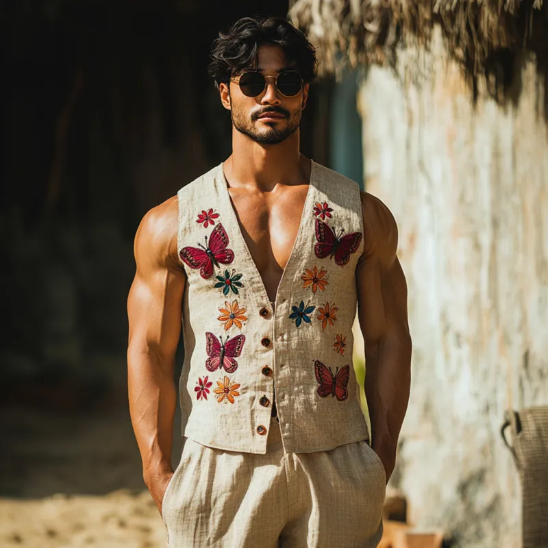 Men's Vintage Butterfly Embroidery Linen V-Neck Single Breasted Slim Fit Vest MTA2249D0M sold by Manly product image thumbnail 3