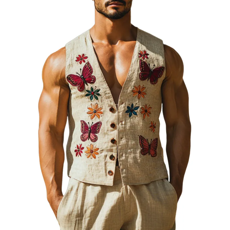 Men's Vintage Butterfly Embroidery Linen V-Neck Single Breasted Slim Fit Vest MTA2249D0M sold by Manly