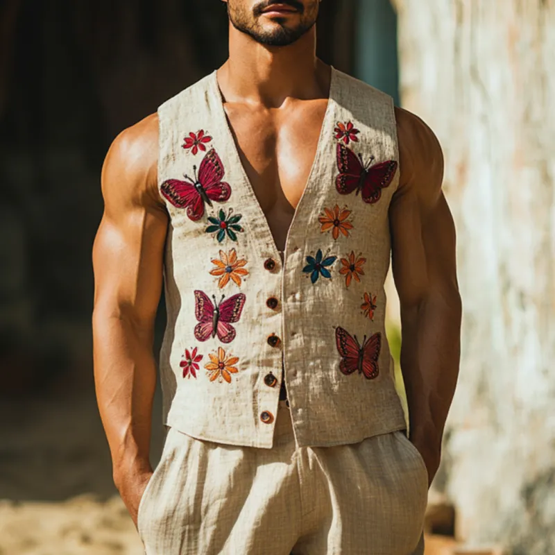 Men's Vintage Butterfly Embroidery Linen V-Neck Single Breasted Slim Fit Vest MTA2249D0M sold by Manly product image thumbnail 2