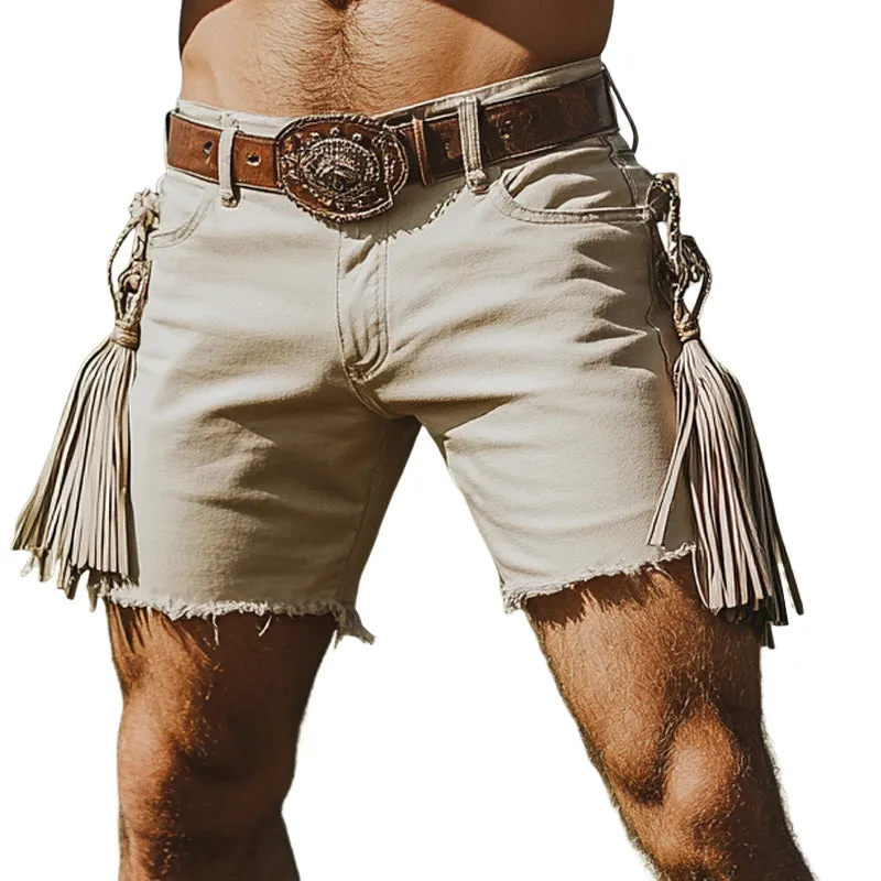 Men's Summer Western Cowboy Style Tassel Denim Shorts MTA2166D6U sold by Manly