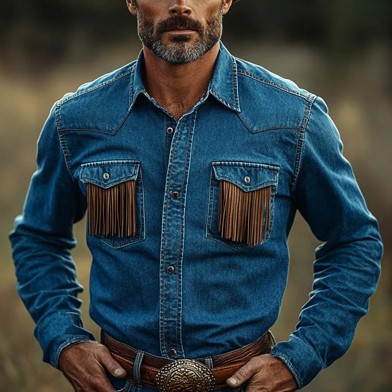 Men's Summer Western Cowboy Style Tassel Denim Shirt MTA2136D8U sold by Manly product image thumbnail 2
