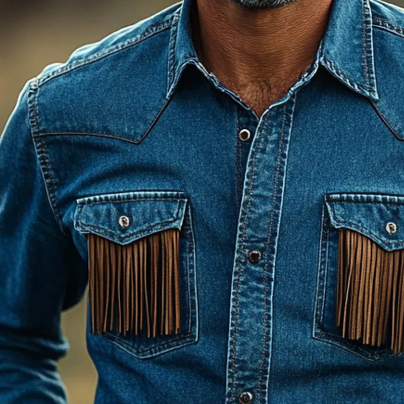 Men's Summer Western Cowboy Style Tassel Denim Shirt MTA2136D8U sold by Manly product image thumbnail 3