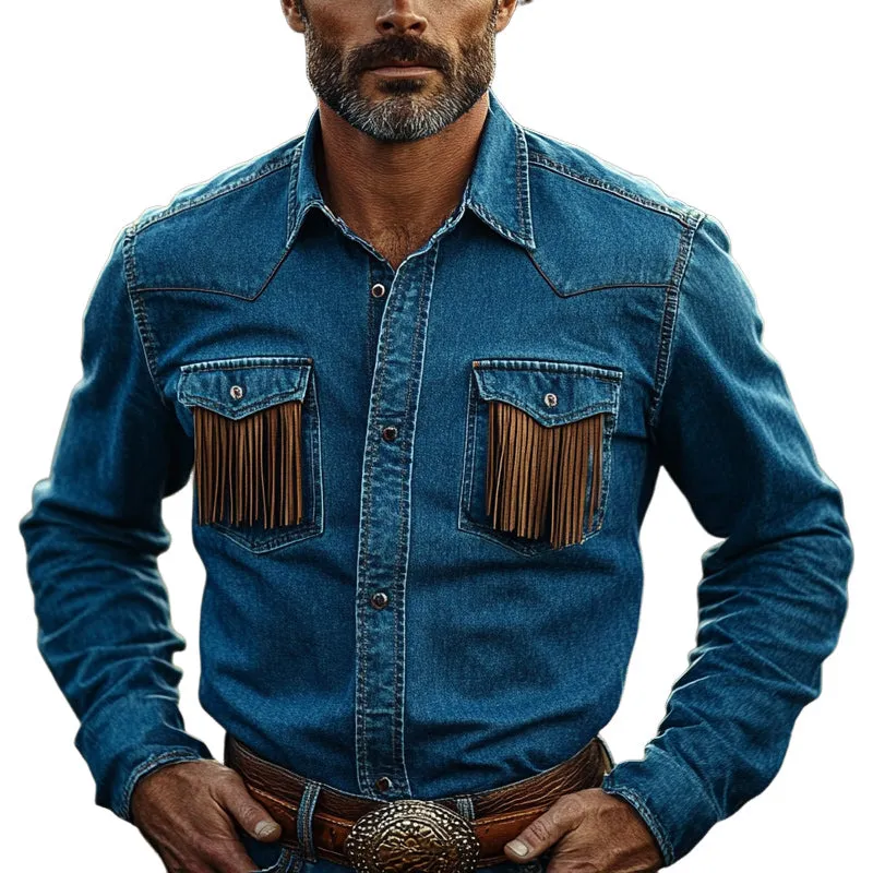Men's Summer Western Cowboy Style Tassel Denim Shirt MTA2136D8U sold by Manly