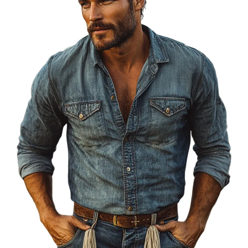 Men's Vintage Distressed Denim Long Sleeve Shirt MTA2124D6U sold by Manly