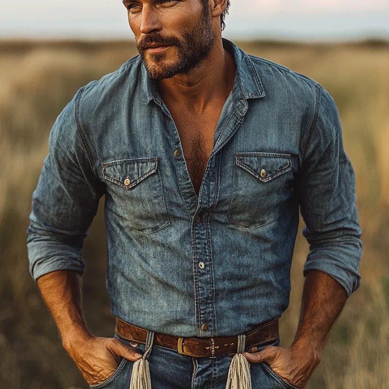 Men's Vintage Distressed Denim Long Sleeve Shirt MTA2124D6U sold by Manly product image thumbnail 2