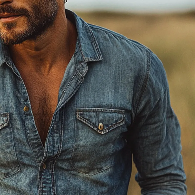 Men's Vintage Distressed Denim Long Sleeve Shirt MTA2124D6U sold by Manly product image thumbnail 3