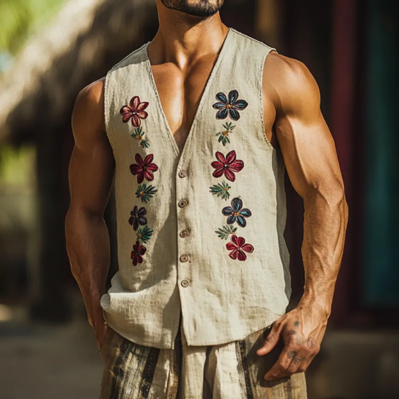 Men's Vintage Floral Embroidered Breathable Linen V-Neck Single Breasted Loose Tank Top MTA2213D4M sold by Manly product image thumbnail 2