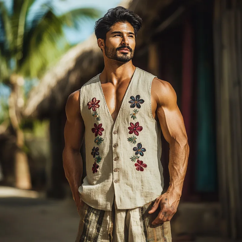 Men's Vintage Floral Embroidered Breathable Linen V-Neck Single Breasted Loose Tank Top MTA2213D4M sold by Manly product image thumbnail 3