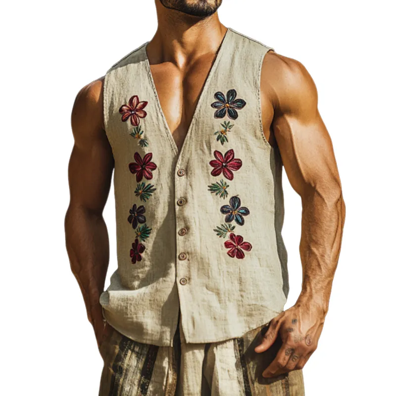 Men's Vintage Floral Embroidered Breathable Linen V-Neck Single Breasted Loose Tank Top MTA2213D4M sold by Manly