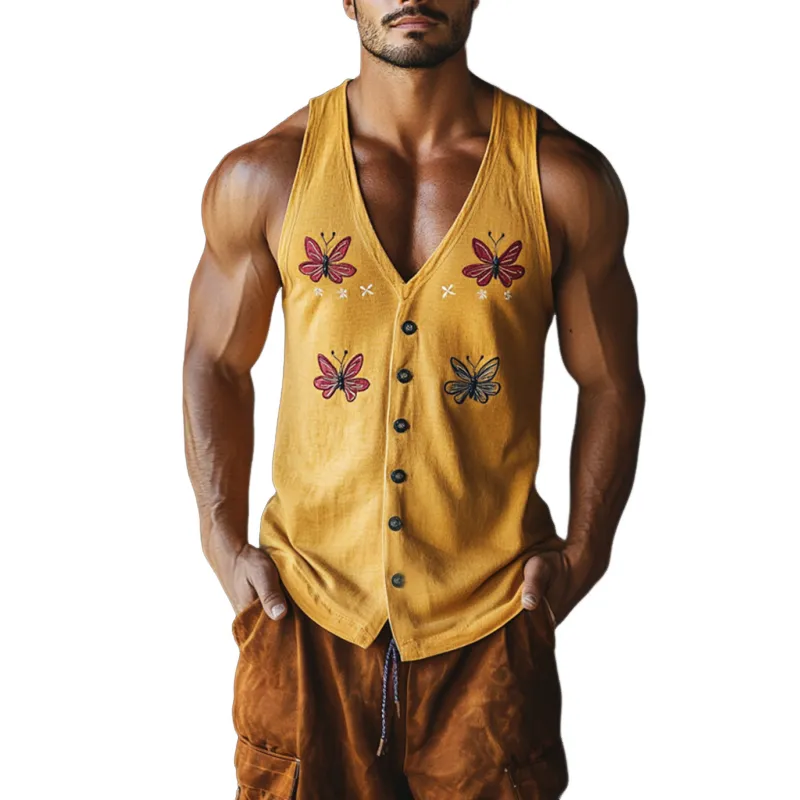 Men's Vintage Butterfly Embroidery Cotton Blend V-Neck Single Breasted Slim Fit Tank Top MTA2252D4M sold by Manly