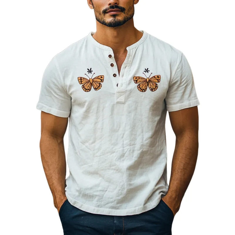 Men's Vintage Butterfly Embroidered Cotton Linen Henley Collar Slim Fit Short Sleeve Shirt MTA2286D4M sold by Manly