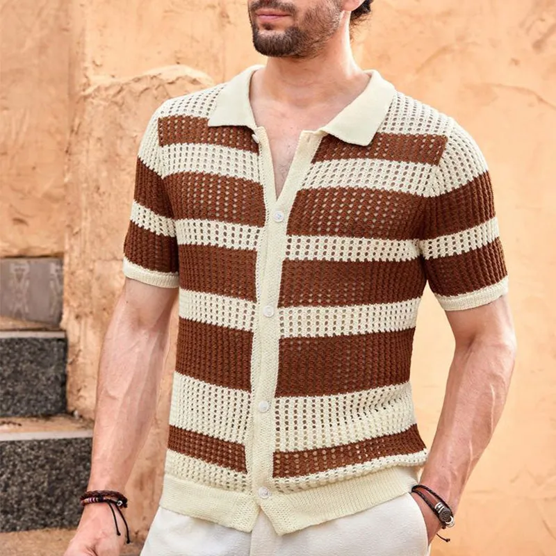 Men's Summer Striped Breathable Comfort Knitted Short Sleeve Shirt MTA2200D0P sold by Manly product image thumbnail 2