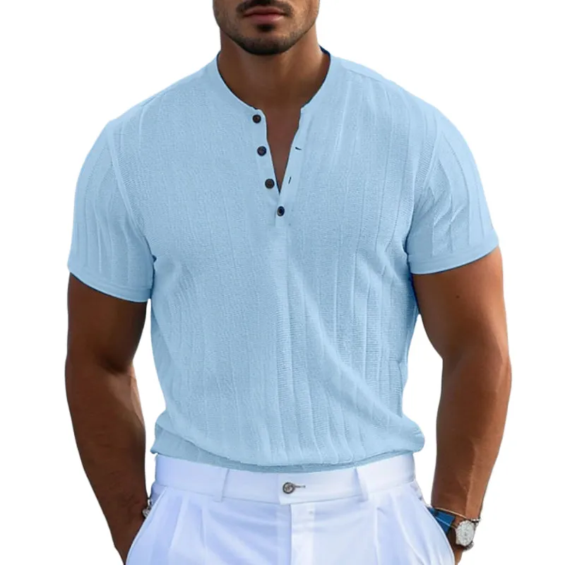 Men's Casual Knitted Jacquard Cotton Henley Collar Slim Fit Short Sleeve T-Shirt MTA1510D0M made by Manly