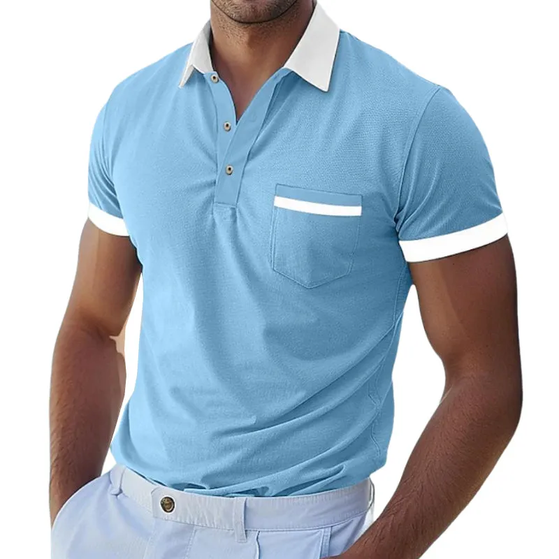 Men's Casual Cotton Contrast Color Patchwork Lapel Slim Short Sleeve Polo Shirt MTA1527D8M sold by Manly