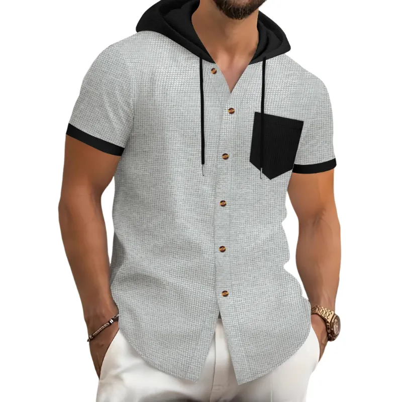 Men's Casual Cotton Blend Waffle Contrast Color Stitching Hooded Short Sleeve Shirt MTA1673D1M sold by Manly