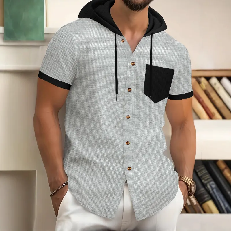 Men's Casual Cotton Blend Waffle Contrast Color Stitching Hooded Short Sleeve Shirt MTA1673D1M sold by Manly product image thumbnail 3