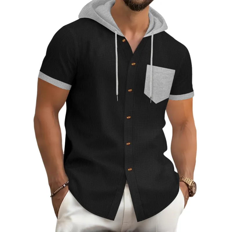 Men's Casual Cotton Blend Waffle Contrast Color Stitching Hooded Short Sleeve Shirt MTA1673D1M sold by Manly product image thumbnail 2