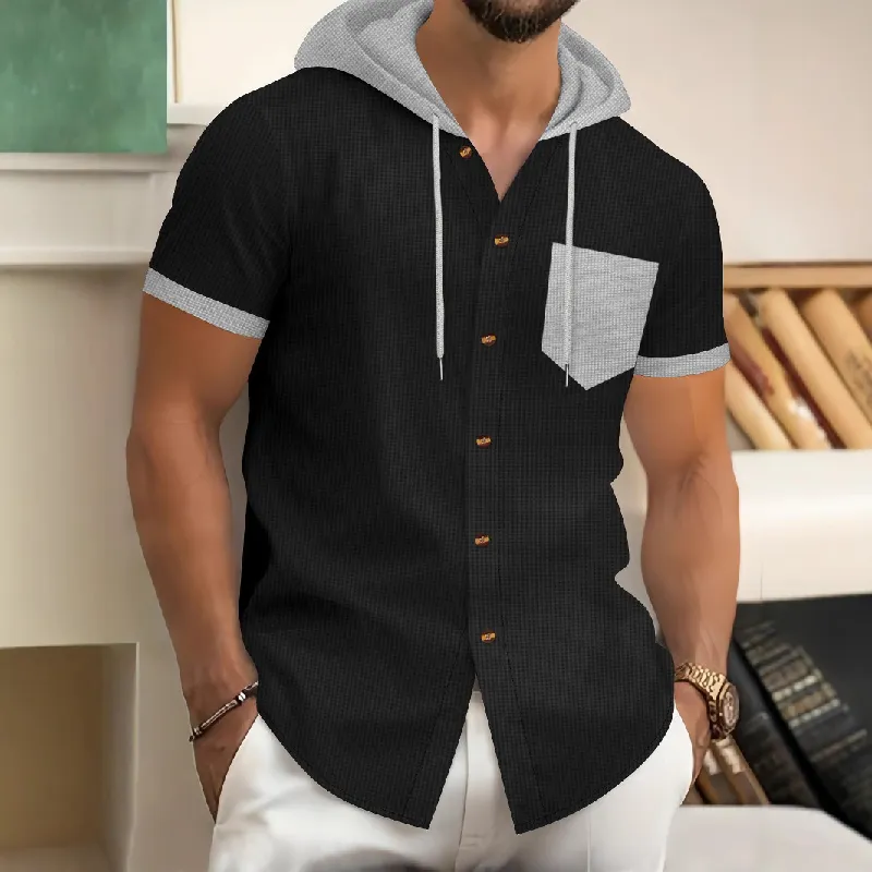 Men's Casual Cotton Blend Waffle Contrast Color Stitching Hooded Short Sleeve Shirt MTA1673D1M sold by Manly product image thumbnail 4