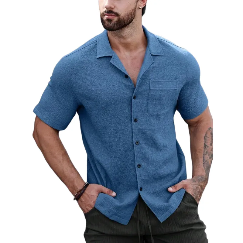 Men's Casual Cotton Blend Pleated Lapel Patch Pocket Slim Fit Short Sleeve Shirt MTA0289D9M sold by Manly product image thumbnail 3