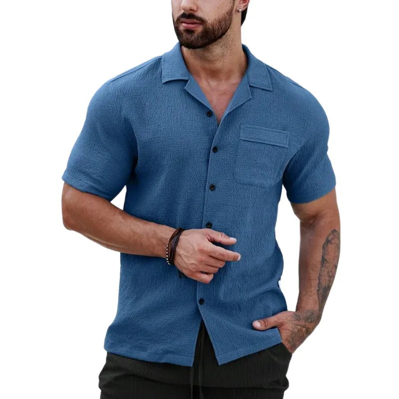Men's Casual Cotton Blend Pleated Lapel Patch Pocket Slim Fit Short Sleeve Shirt MTA0289D9M sold by Manly