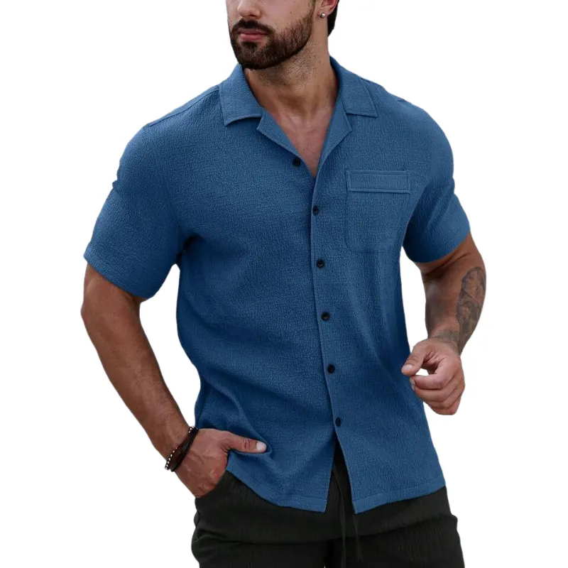 Men's Casual Cotton Blend Pleated Lapel Patch Pocket Slim Fit Short Sleeve Shirt MTA0289D9M sold by Manly product image thumbnail 2