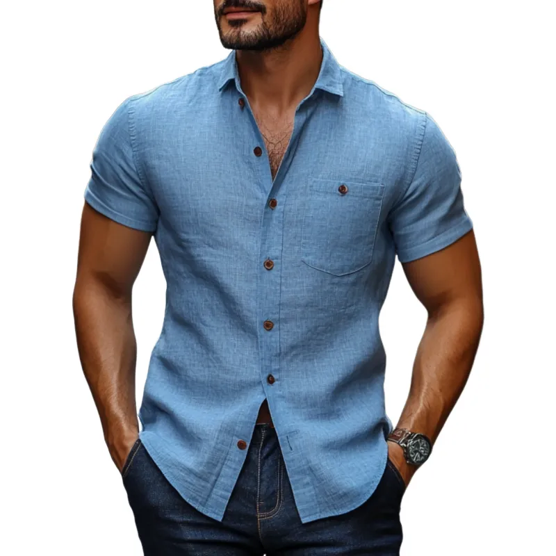 Men's Casual Cotton Linen Blend Lapel Breathable Slim Fit Short Sleeve Shirt MTA1767D1M sold by Manly