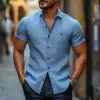 Men's Casual Cotton Linen Blend Lapel Breathable Slim Fit Short Sleeve Shirt MTA1767D1M sold by Manly