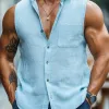 Men's Casual Cotton Linen Blend Lapel Breathable Loose Sleeveless Shirt MTA1713D5M sold by Manly