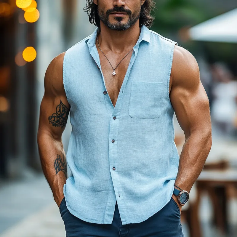 Men's Casual Cotton Linen Blend Lapel Breathable Loose Sleeveless Shirt MTA1713D5M sold by Manly product image thumbnail 2