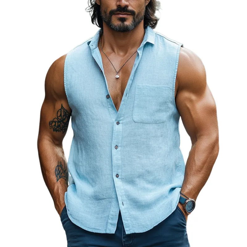 Men's Casual Cotton Linen Blend Lapel Breathable Loose Sleeveless Shirt MTA1713D5M sold by Manly