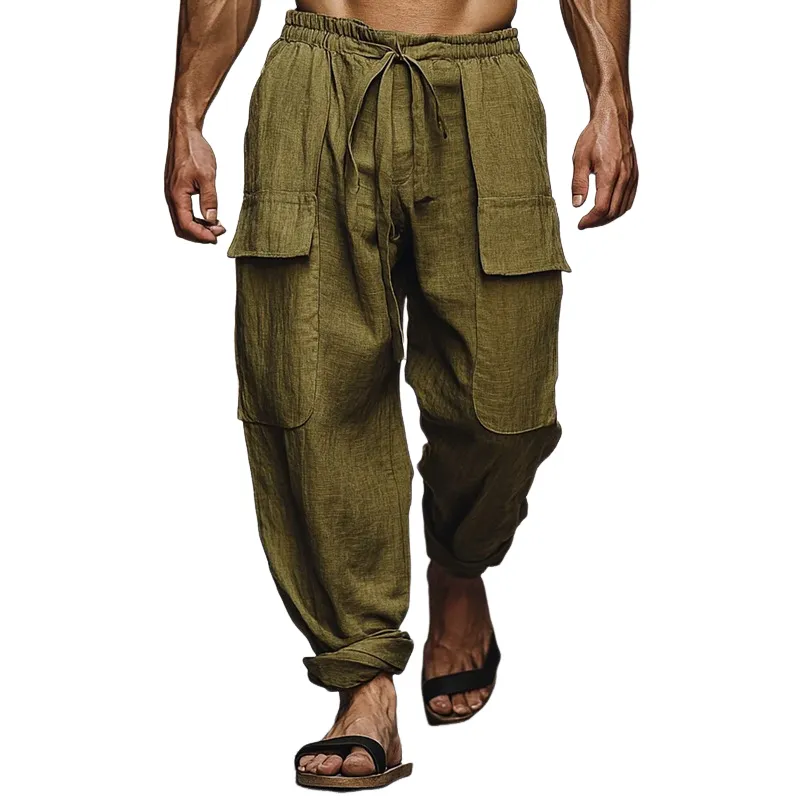 Men's Casual Cotton Linen Blend Elastic Waist Drawstring Multi-Pocket Loose Pants MTA1771D9M sold by Manly