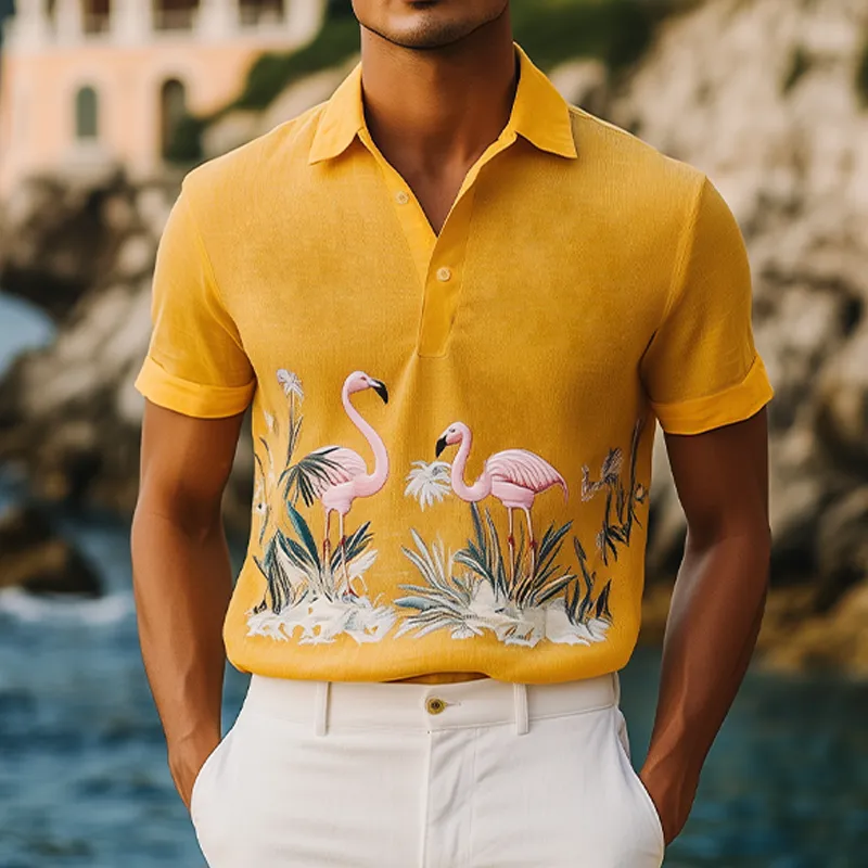Men's Summer Fashion Hawaiian Style Flamingo Embroidered Cotton and Linen Short Sleeve Polo Shirt MTA2123D9K sold by Manly product image thumbnail 2