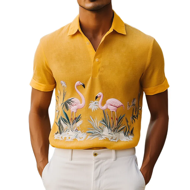 Men's Summer Fashion Hawaiian Style Flamingo Embroidered Cotton and Linen Short Sleeve Polo Shirt MTA2123D9K sold by Manly