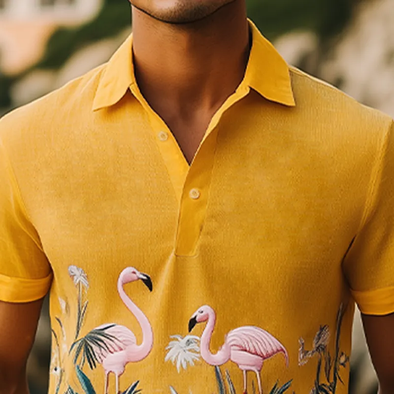 Men's Summer Fashion Hawaiian Style Flamingo Embroidered Cotton and Linen Short Sleeve Polo Shirt MTA2123D9K sold by Manly product image thumbnail 4