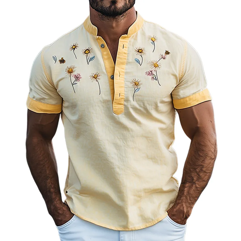 Men's Summer Fashion Henley Collar Flower Embroidery Stitching Cotton and Linen Short Sleeve T-shirt MTA2194D6K sold by Manly