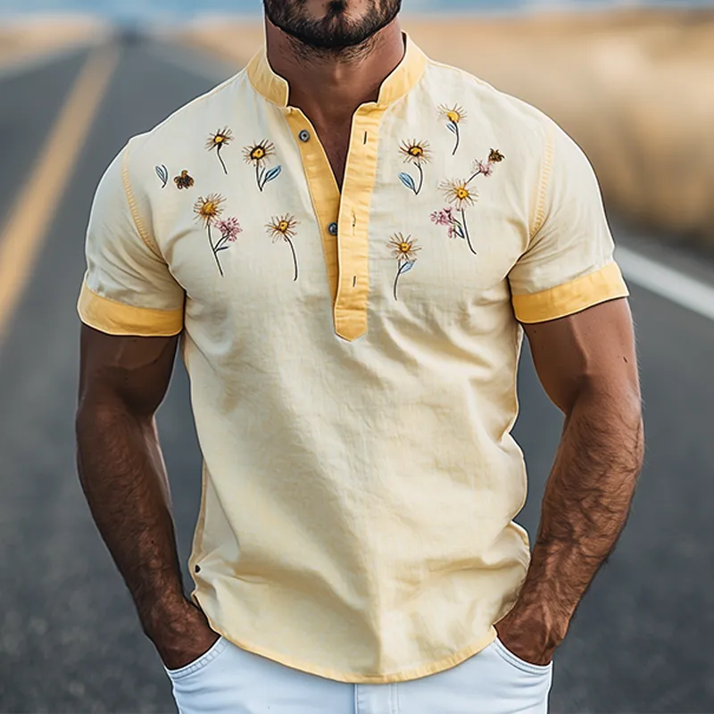 Men's Summer Fashion Henley Collar Flower Embroidery Stitching Cotton and Linen Short Sleeve T-shirt MTA2194D6K sold by Manly product image thumbnail 2