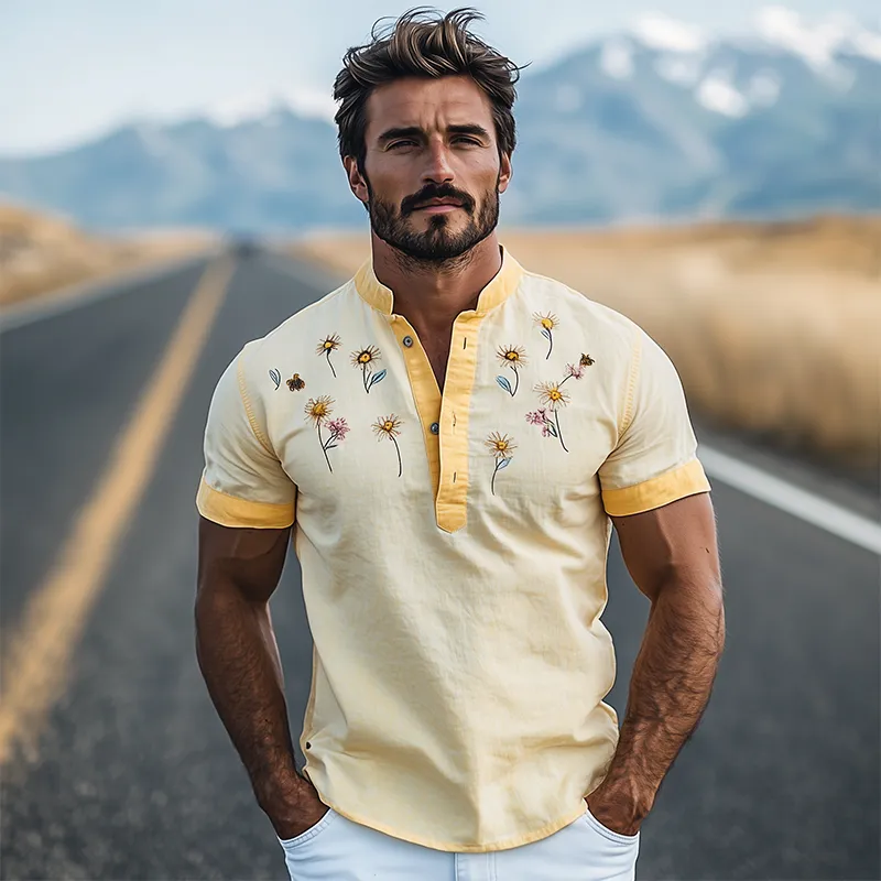 Men's Summer Fashion Henley Collar Flower Embroidery Stitching Cotton and Linen Short Sleeve T-shirt MTA2194D6K sold by Manly product image thumbnail 3